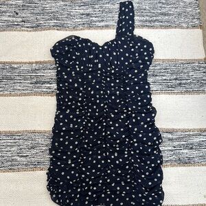 Blue and White Asymmetrical Ruched One-Shoulder Mini Dress